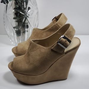 Suede Taupe Slingback Buckle Wedges Size 8.5